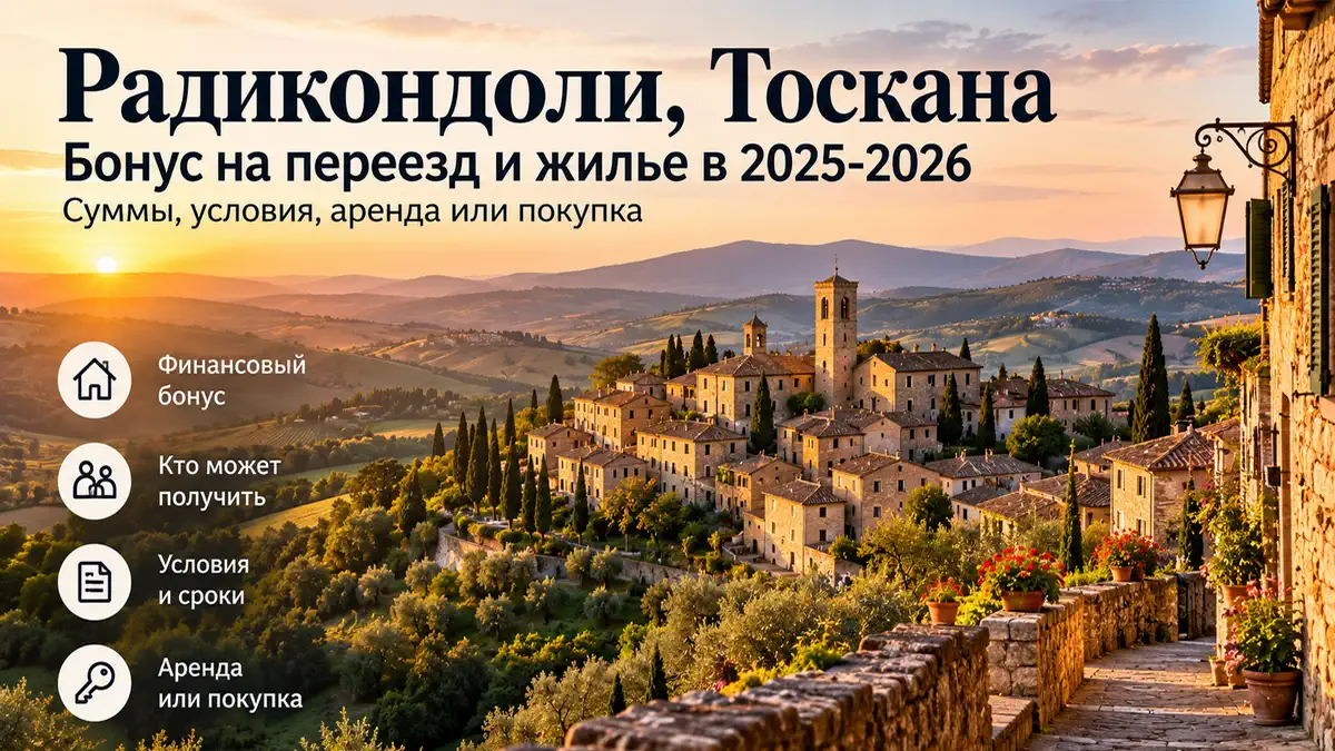 Тоскана, каменные дома Радикондоли и подпись бонус на переезд Тёплый панорамный вид исторического центра Радикондоли с оливами и виноградниками, без брендов и людей крупным планом