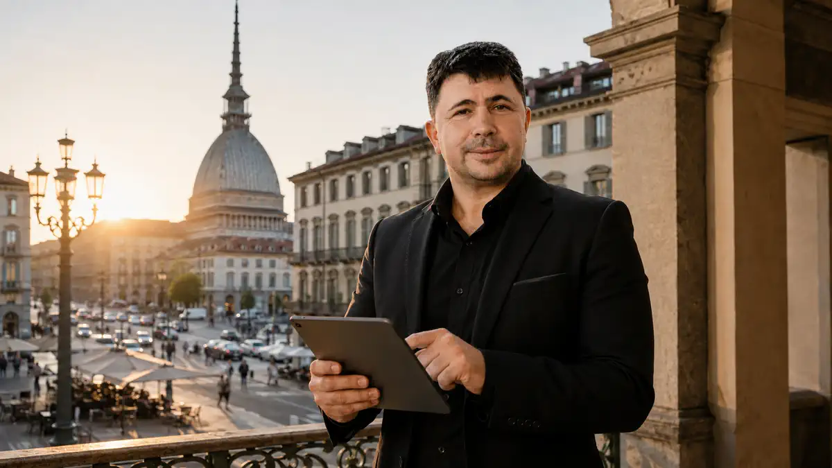 Фотофиксация аренды в Италии LiveTOitaly Турин фотоаппарат фиксирует состояние квартиры перед сдачей, на фоне панорама Турина и Моле Антонеллиана