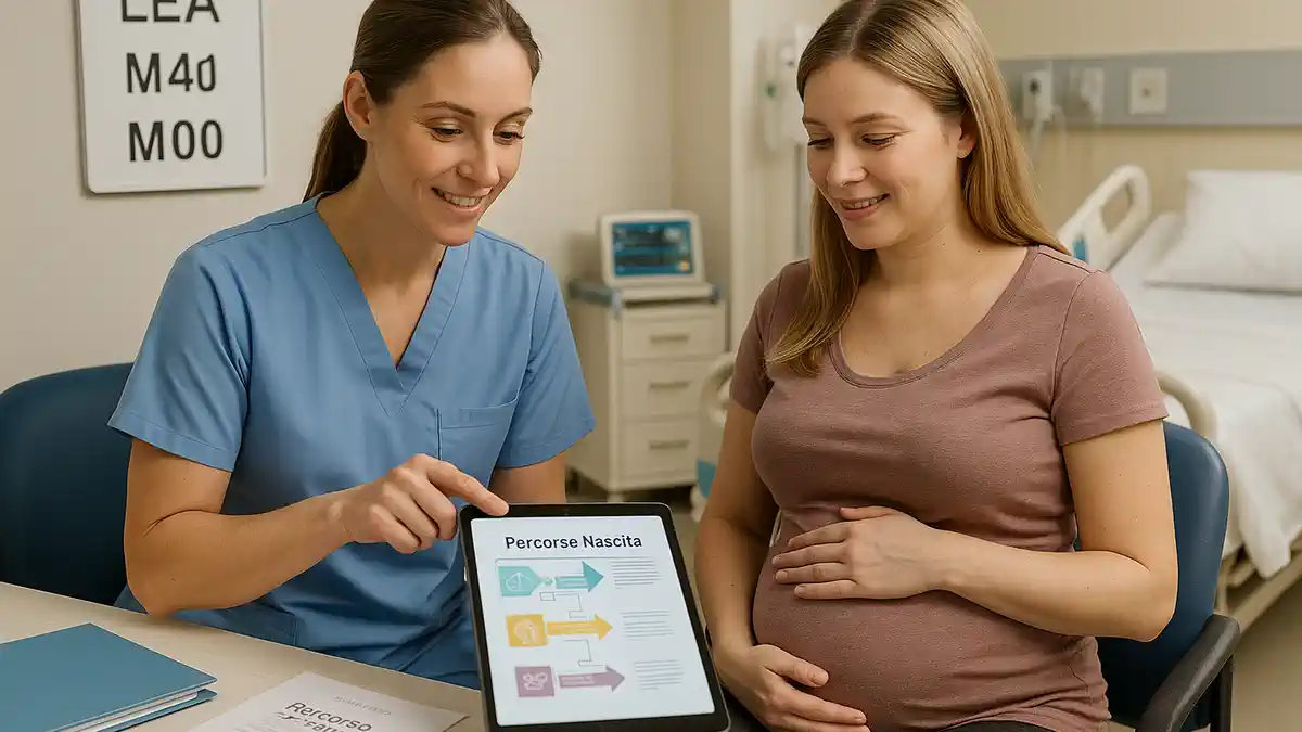 Роды в Италии percorso nascita, LEA и документы для иностранок Современный итальянский родзал, акушерка объясняет пациентке план родов и коды льгот