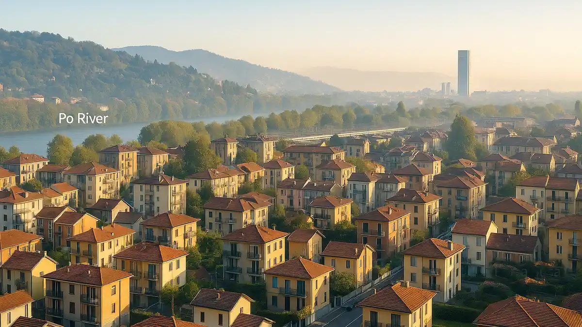 пригород Турина северо-восток где купить квартиру выгодно в 2025 панорама NE-дуги Турина с отметками ключевых муниципалитетов и ж/д веткой SFM1