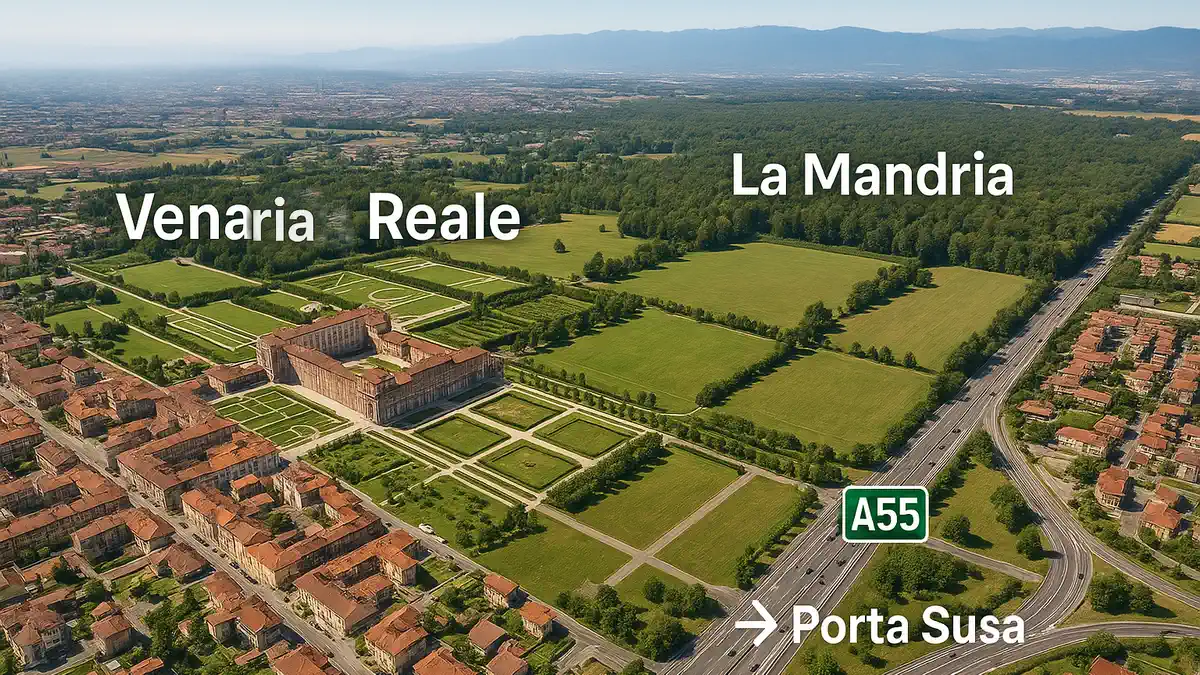 Venaria Reale недвижимость и логистика карта с Reggia di Venaria, парком La Mandria и выездом на A55
