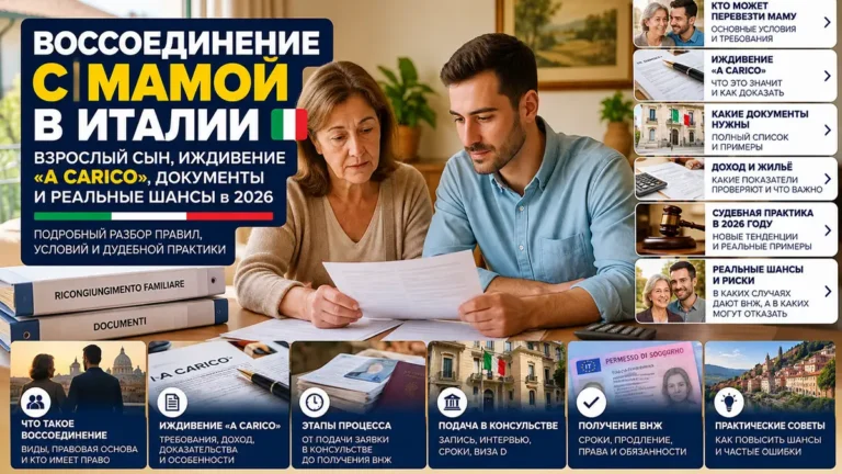 Воссоединение взрослого сына с мамой в Италии: a carico, возраст 21+ и документы