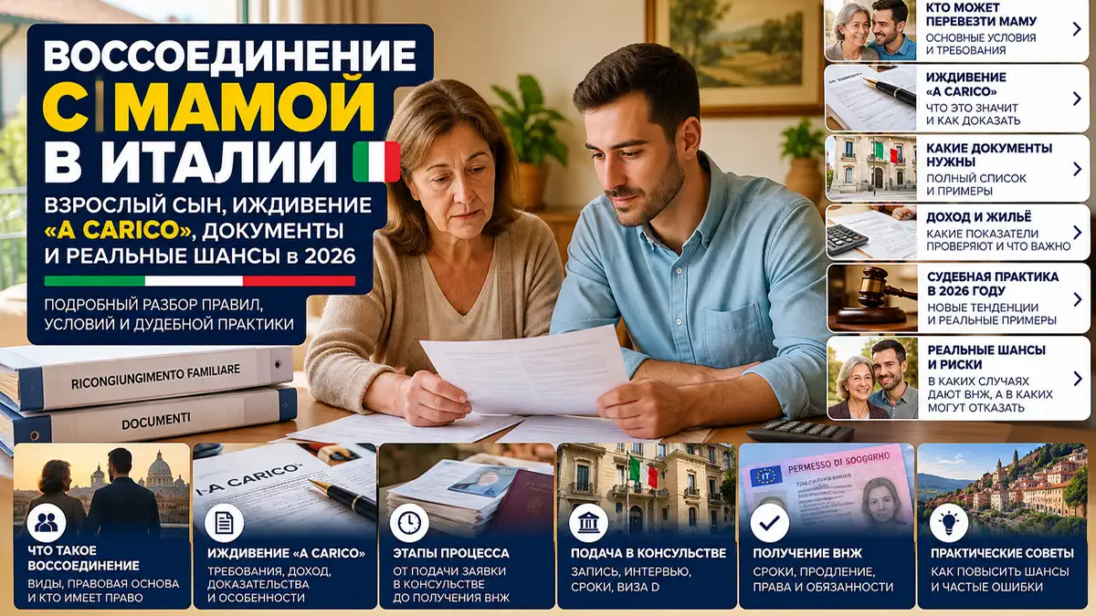 Воссоединение с мамой в Италии в 2025 году как доказать иждивение Мама и взрослый сын в Италии обсуждают документы для семейного воссоединения, какие документы нужны