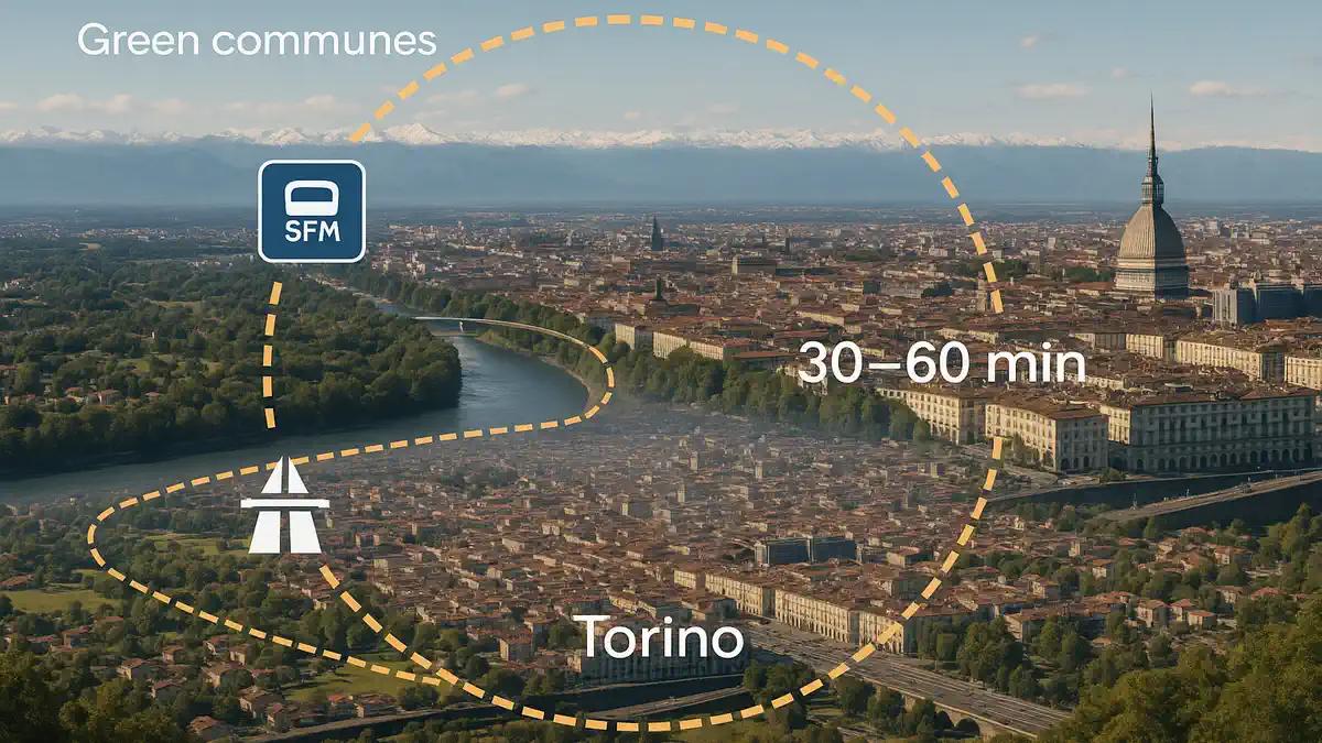 Второй пояс Турина цены и доезд по SFM : карта Турина с выделенным вторым поясом, иконки SFM и автострад