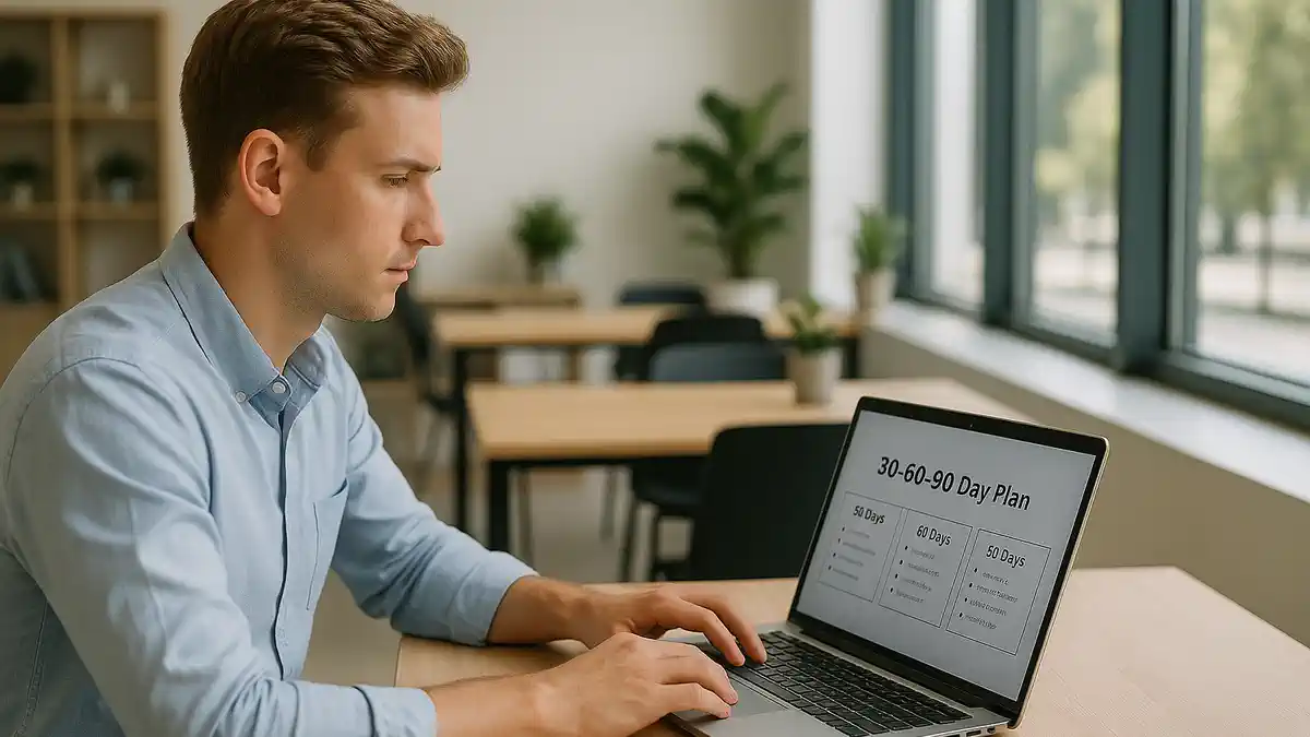 Выгорание у предпринимателя-экспата план 90 дней Рабочий стол, ноутбук с календарем 30-60-90, бумажный план и кружка эспрессо, спокойный свет