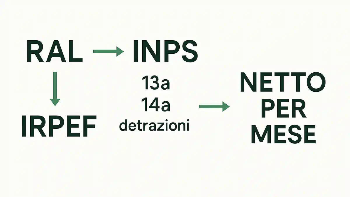 RAL в Италии как из годового оклада посчитать зарплату на руки Инфографика RAL в Италии шаги расчёта нетто с INPS, IRPEF, 13-й и льготами