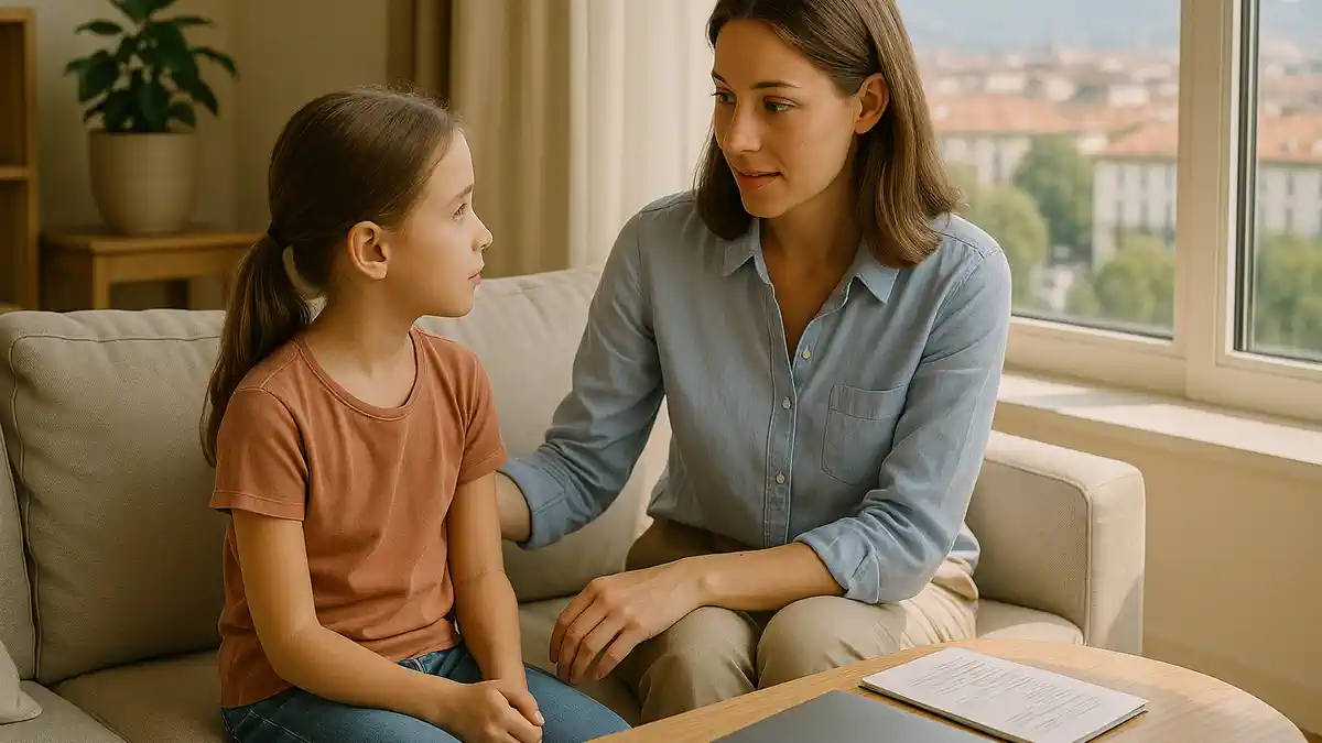 Как говорить с детьми о переезде 10 фраз поддержки Родитель и ребенок смотрят карту района Турина, рядом школьный рюкзак и заметки