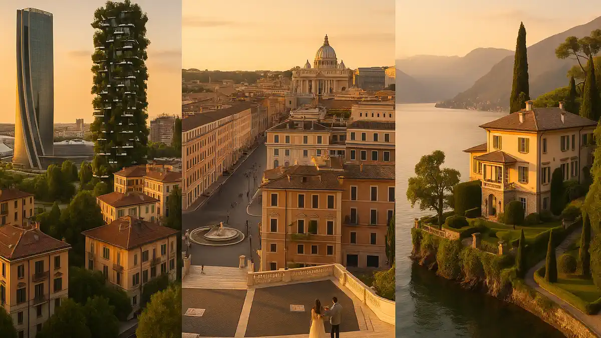 Элитные районы Италии — Милан, Рим, Комо, море и горы Коллаж из Милана, Рима и озера Комо с премиальными кварталами и видами, дневной свет, современный стиль.