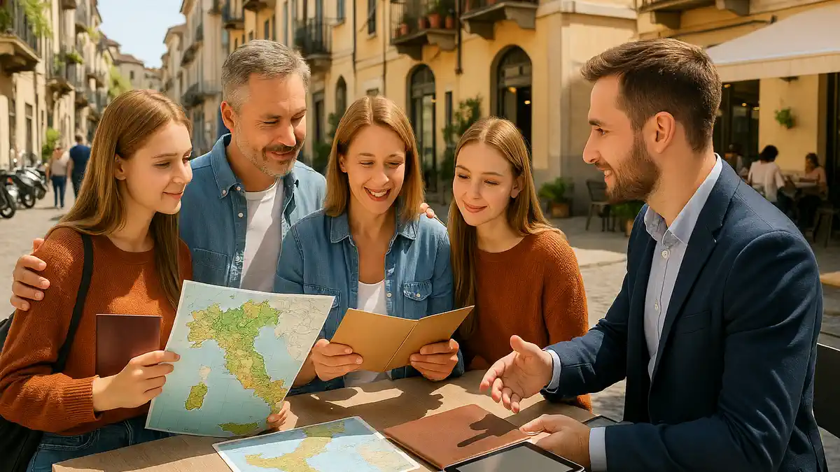 солнечная итальянская улица в жилом квартале, аккуратные дома с балконами, на переднем плане русскоязычная семья с детьми и консультант LiveToItaly. Они смотрят в папку с документами и планом города, вокруг люди, кафе, велосипеды. Атмосфера спокойной повседневной жизни в Италии, без пафоса, с акцентом на реальный быт и адаптацию семьи.