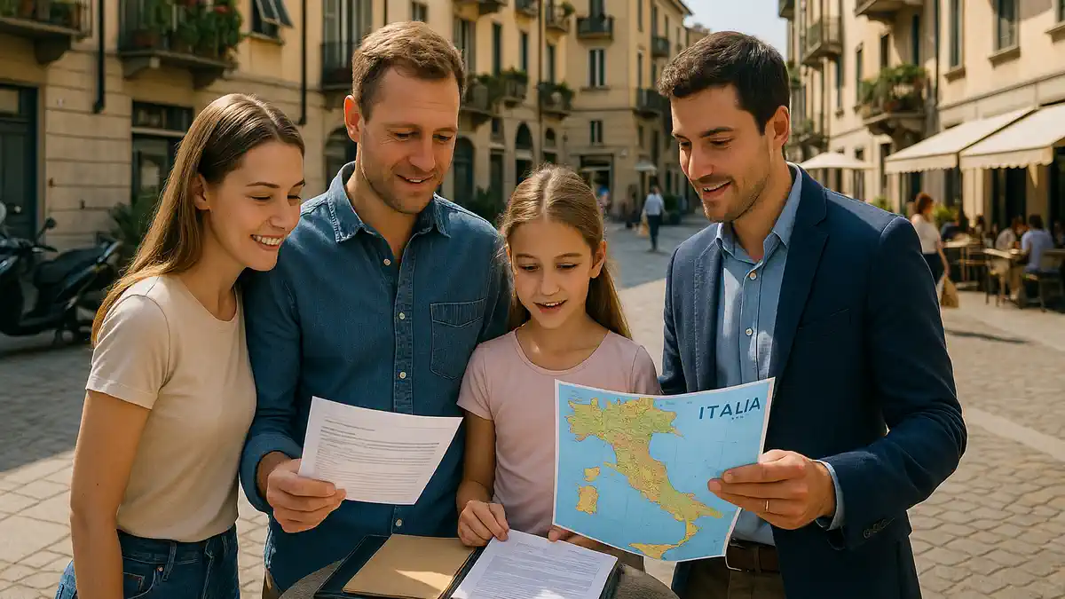 Русскоязычные путешественники и консультант LiveToItaly обсуждают маршрут поездки по Италии на современной городской площади