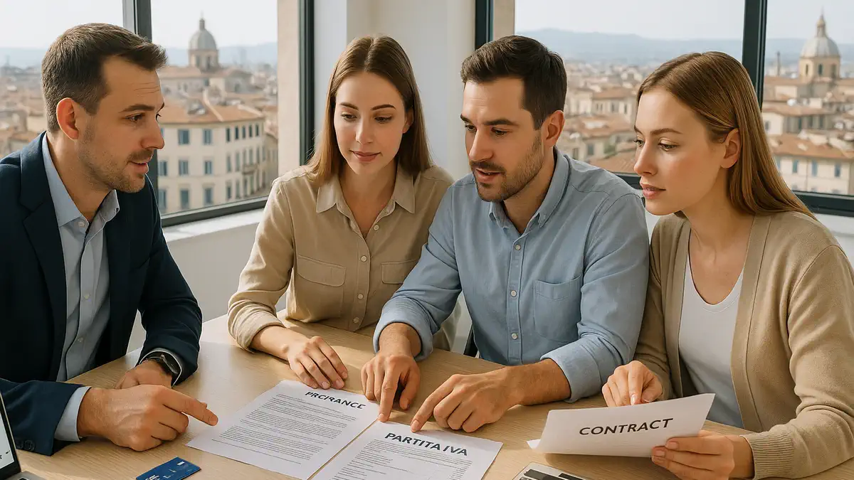 современный светлый офис в Италии, за столом сидят русскоязычный предприниматель и консультант, обсуждают работу, налоги и деньги в Италии. На столе ноутбук, документы и карта Италии, спокойная деловая атмосфера.