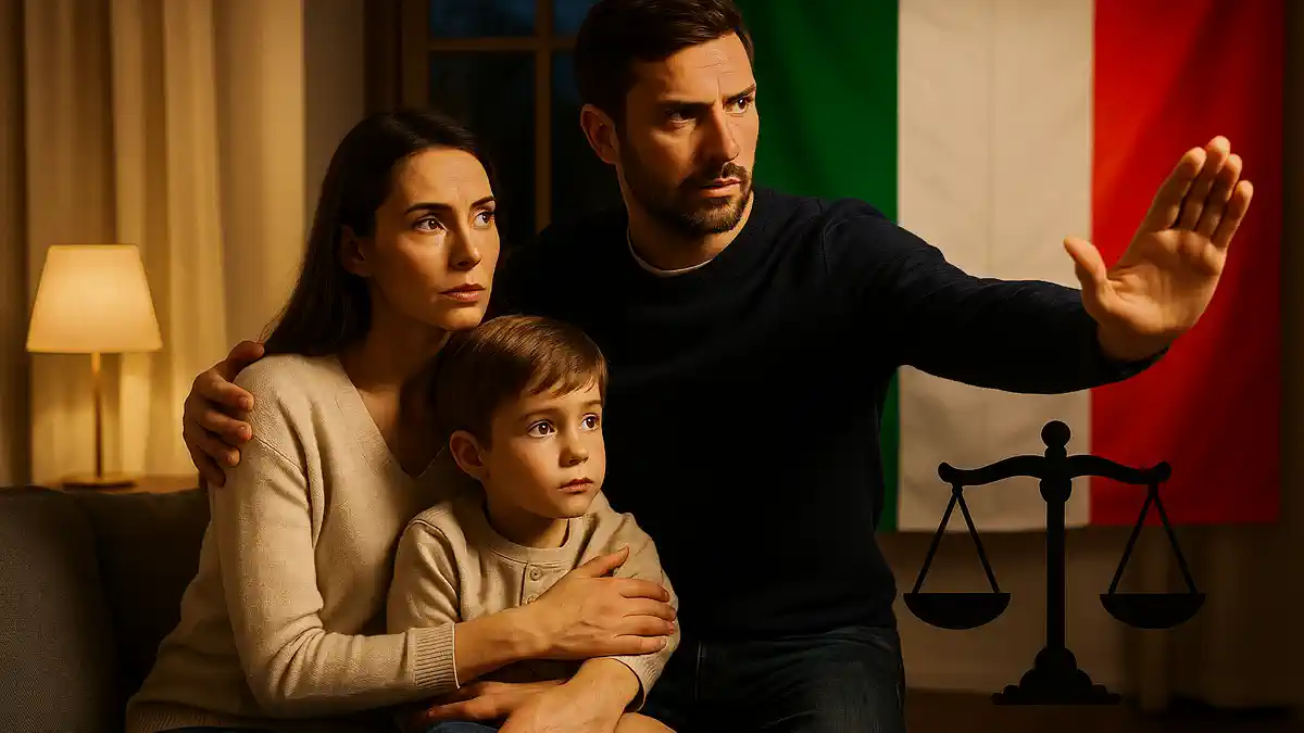 Самооборона в Италии реформа статьи 52 УК Итальянская семья дома, символ защиты и закона, флаг Италии на фоне