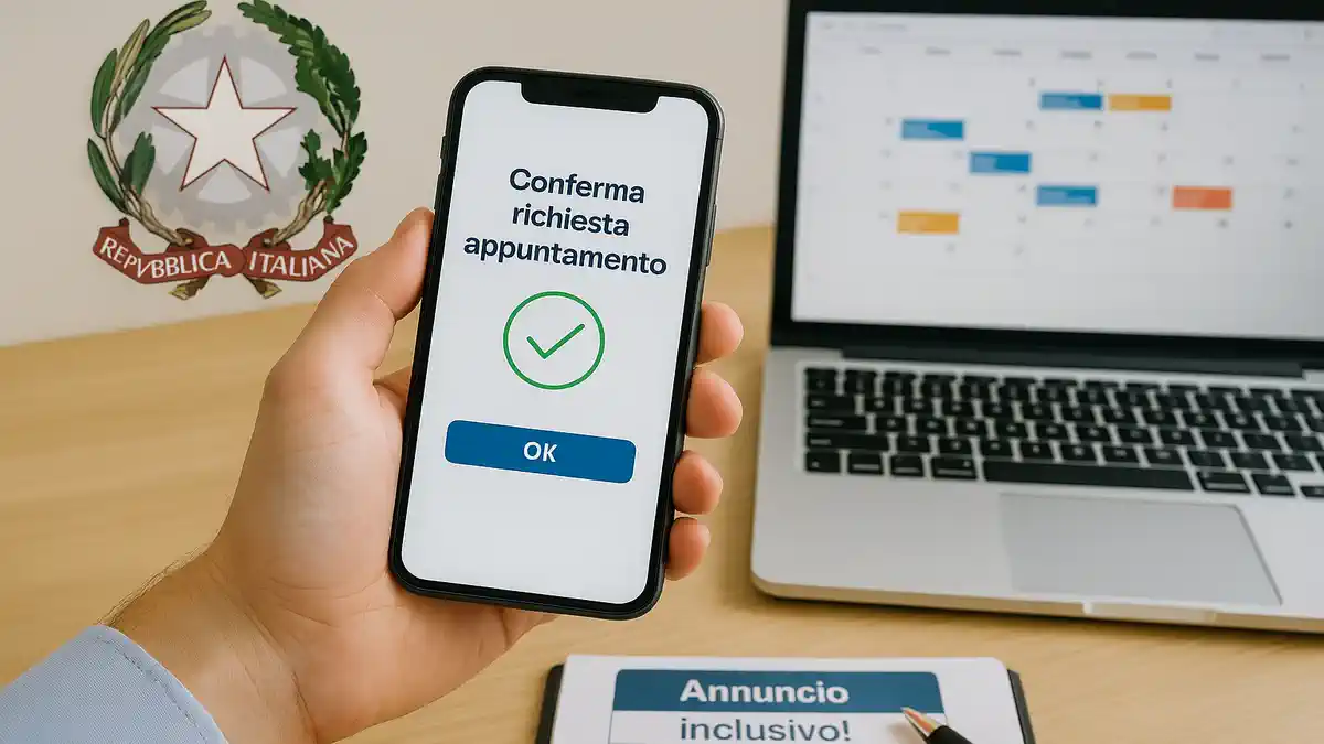 Онлайн подача на вид на жительство — с какого дня считаются сроки в Италии Коллаж: ноутбук, календарь сроков, герб Италии. Светлый фон, деловой стиль.