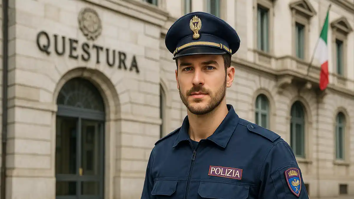 Как стать полицейским в Италии Итальянский полицейский на фоне Questura, современный город, светлая атмосфера, акцент на профессии