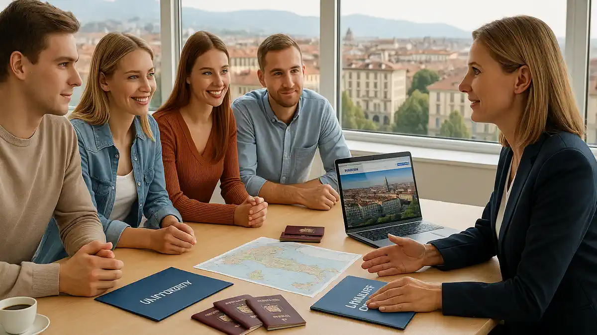 современный итальянский университет, за большим столом сидят русскоязычные студенты и консультант, обсуждают документы и планы учебы в Италии. Светлый кампус, панорамные окна, на столе разложены папки, ноутбук и карта Италии. Европейские лица, естественные эмоции, атмосфера спокойного делового разговора о поступлении и иммиграции.
