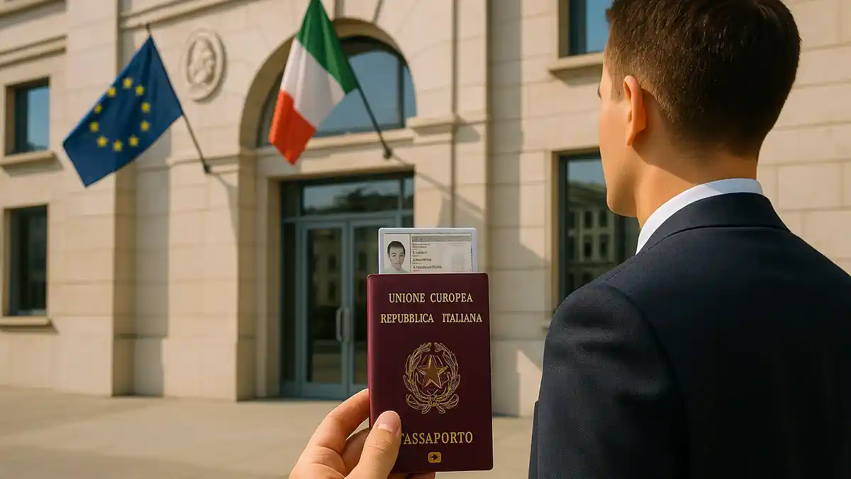 Новые визовые правила ЕС для россиян 2025 Италия и шенген консульство Италии в Европе: человек держит паспорт с шенгенской визой на фоне флага ЕС, дневной свет