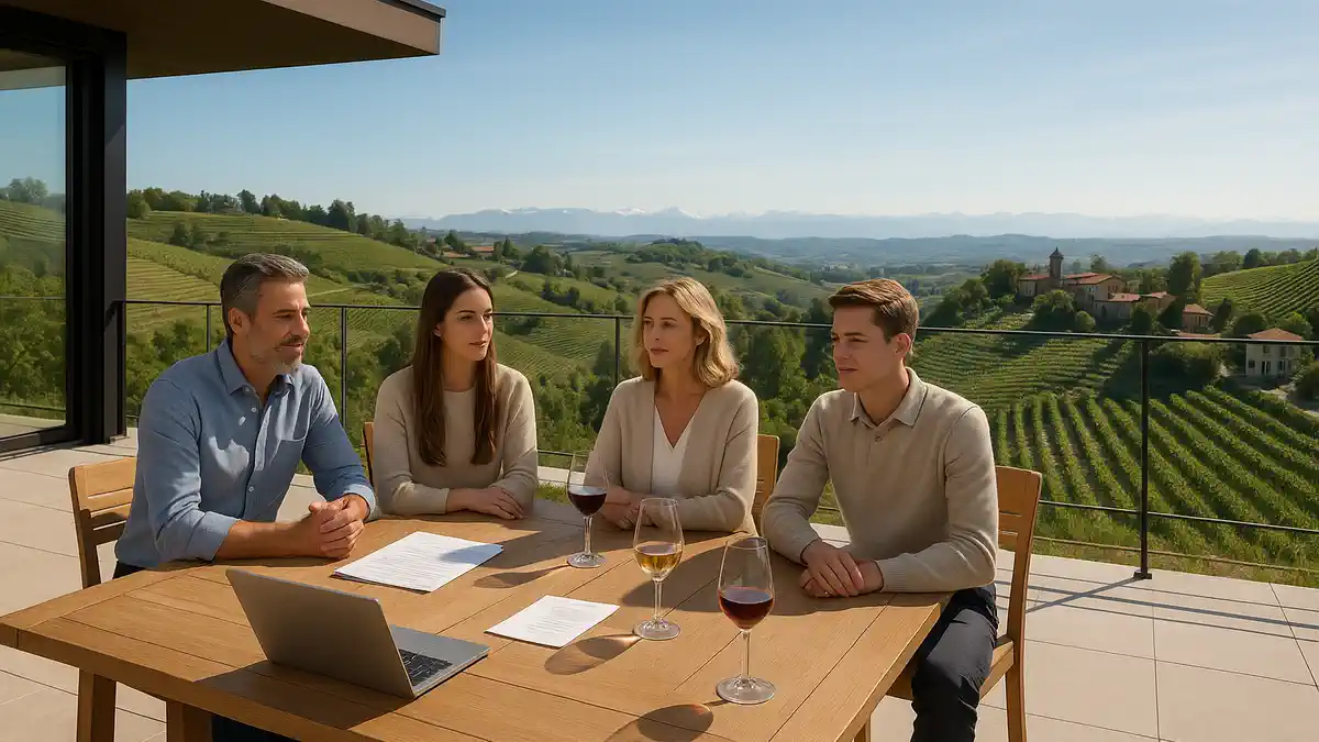 Богатая семья на террасе с видом на холмы Монферрато в Пьемонте, Италия Современная терраса панорамной виллы в Монферрато, на переднем плане семья в элегантной, но не вычурной одежде, за столом с бокалами вина, ноутбуком и документами. На заднем плане мягко размытые холмы Пьемонта, виноградники и силуэт Альп, тёплый дневной свет, атмосфера спокойной «тихой роскоши» без показной роскоши