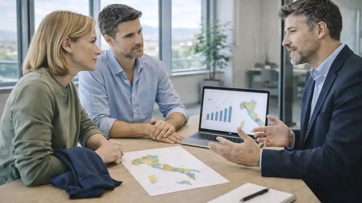 Средняя продолжительность жизни в Италии 2026 семейная пара 30-40 лет обсуждает показатели долголетия с консультантом, на столе ноутбук с нейтральными графиками и карта Италии