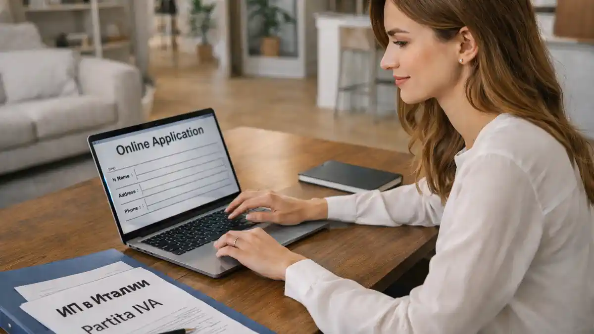 Молодой специалист в Италии заполняет онлайн-заявку на бонус INPS, рядом документы по Partita IVA подача онлайн-заявки на бонус для молодежи в Италии