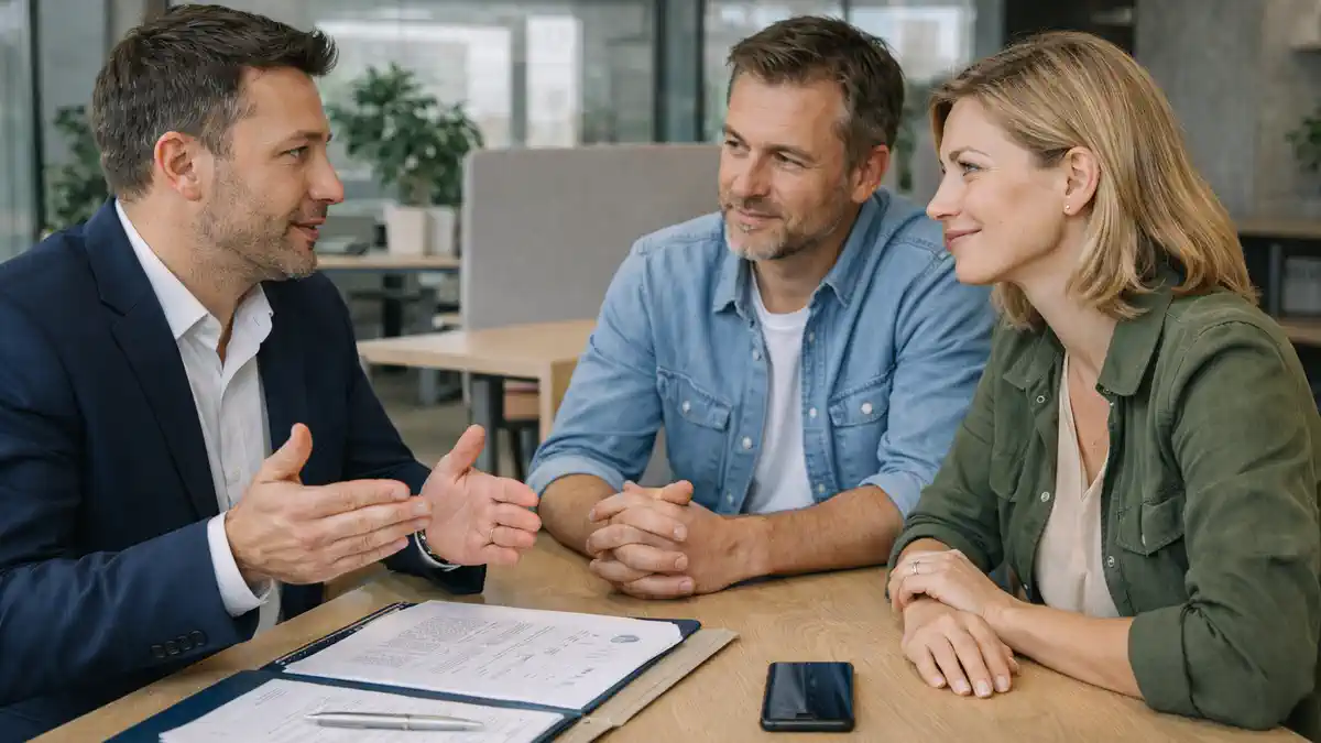 Вид на жительство в Италии - документы и консультация по правам и возможностям Современная сцена в Италии: стол с папкой документов без читаемых данных, смартфон без текста, двое людей обсуждают шаги после получения ВНЖ с консультантом, дневной свет, спокойная атмосфера