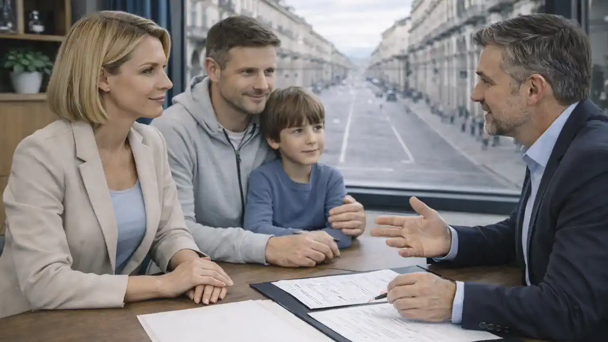 ВНЖ в ожидании работы и детские выплаты в Италии: семья с ребенком обсуждает документы в светлом офисе, спокойнаяатмосфера выплаты семьям при ВНЖ «в ожидании работы