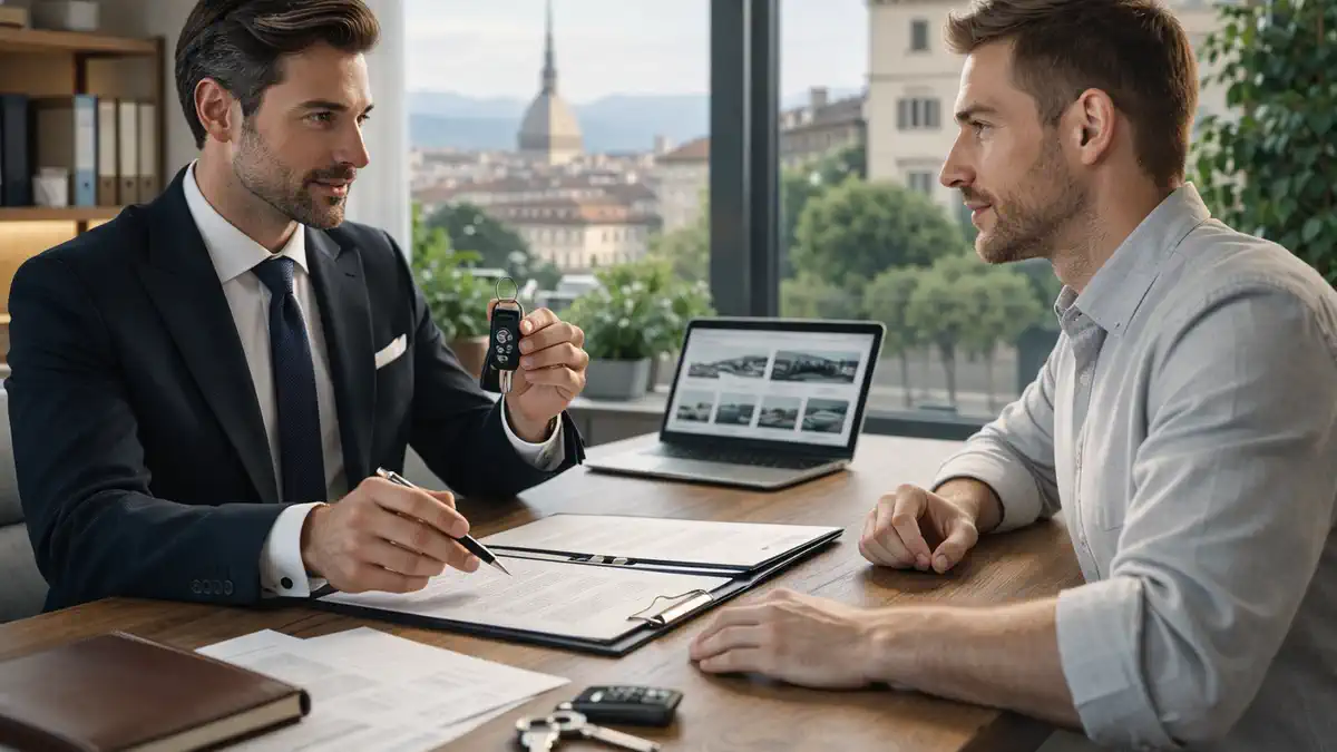 Иностранец обсуждает варианты автомобиля в Италии без прописки с консультантом в офисе