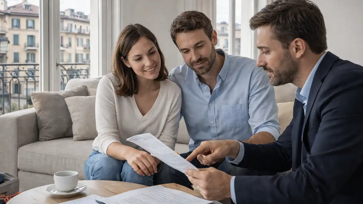Покупка недвижимости в Италии иностранцем — консультант показывает документы на квартиру покупателям