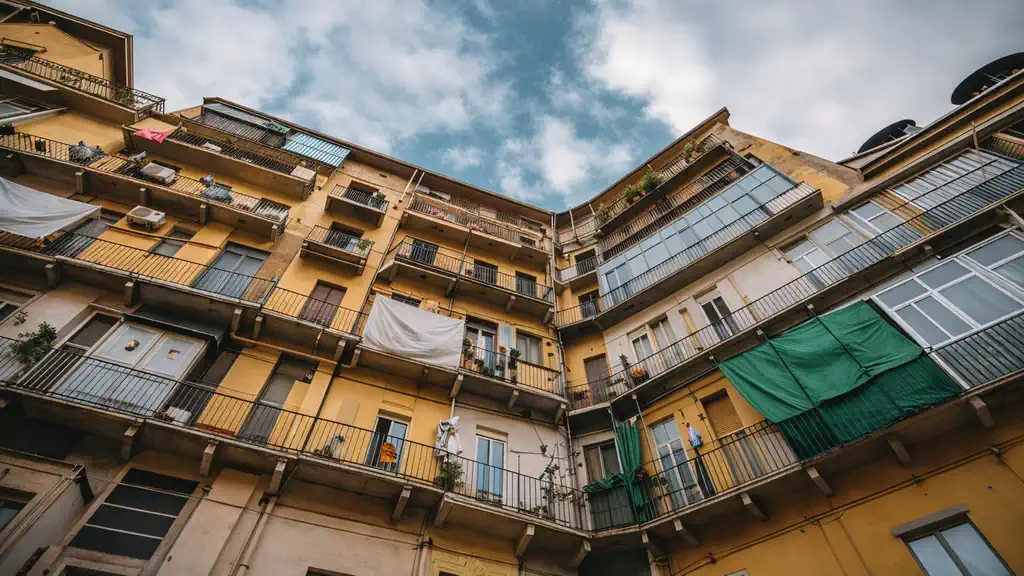 Фасад и внутренний двор исторического дома в Турине, где расположена мансарда