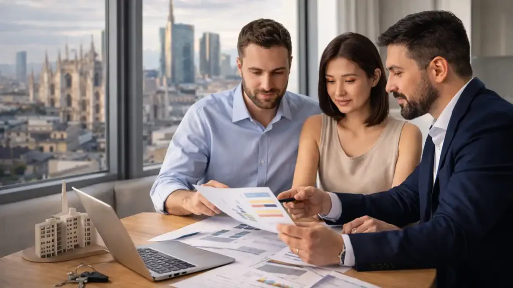 Иностранец на просмотре квартиры в Милане с агентом иностранец выбирает квартиру в Милане перед покупкой