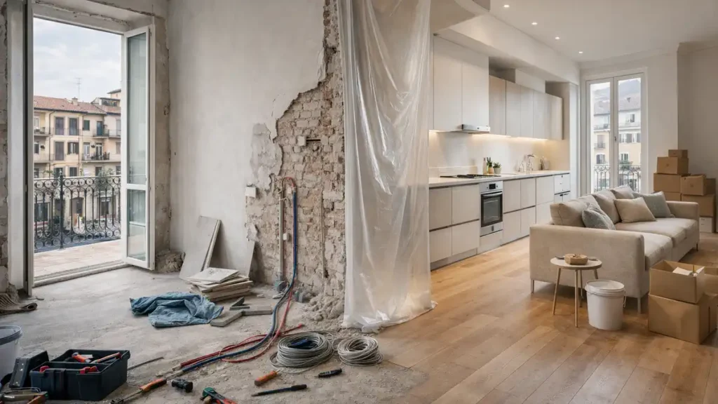 Современная квартира в Италии в процессе ремонта, светлый интерьер, рабочие детали, ощущение реального объекта Ремонт квартиры в Италии