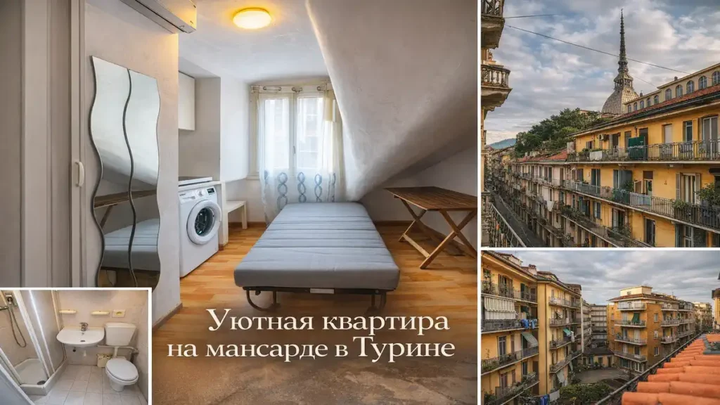 Маленькая мансарда под аренду в Турине рядом с центром: компактный интерьер, окно и базовая меблировка компактная мансарда с кроватью и мини-кухней Маленькая мансардная студия под аренду рядом с центром