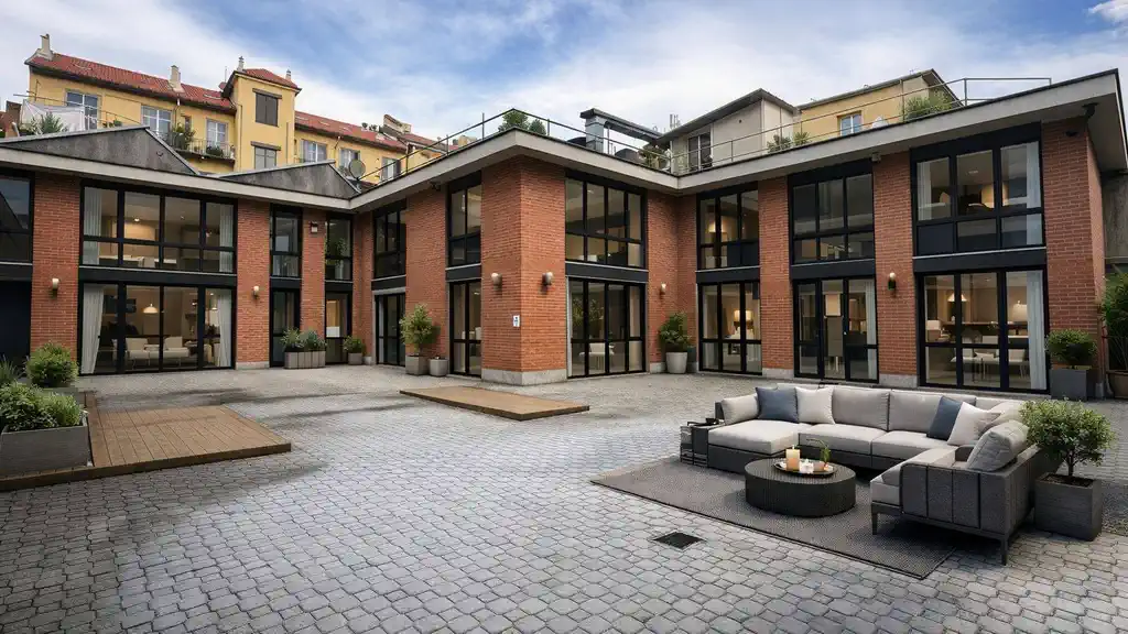 внутренний двор проекта с loft объектами в районе Vanchiglia Турин