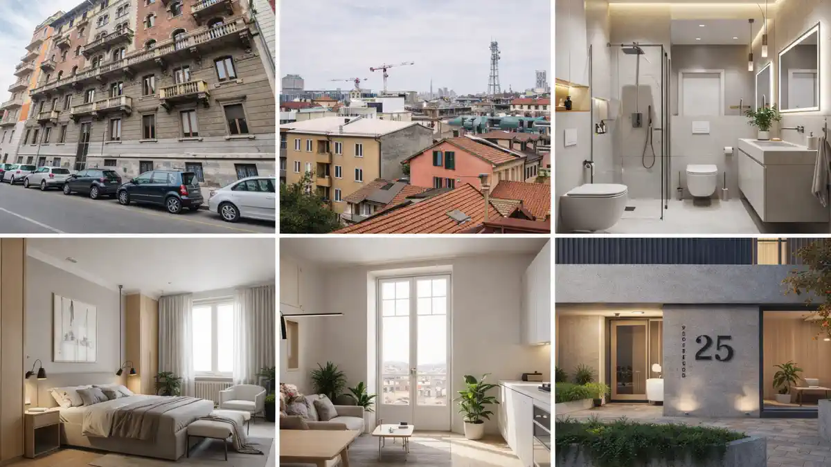 квартира с балконом в Porta Romana Милан светлая гостиная и вид на крыши города