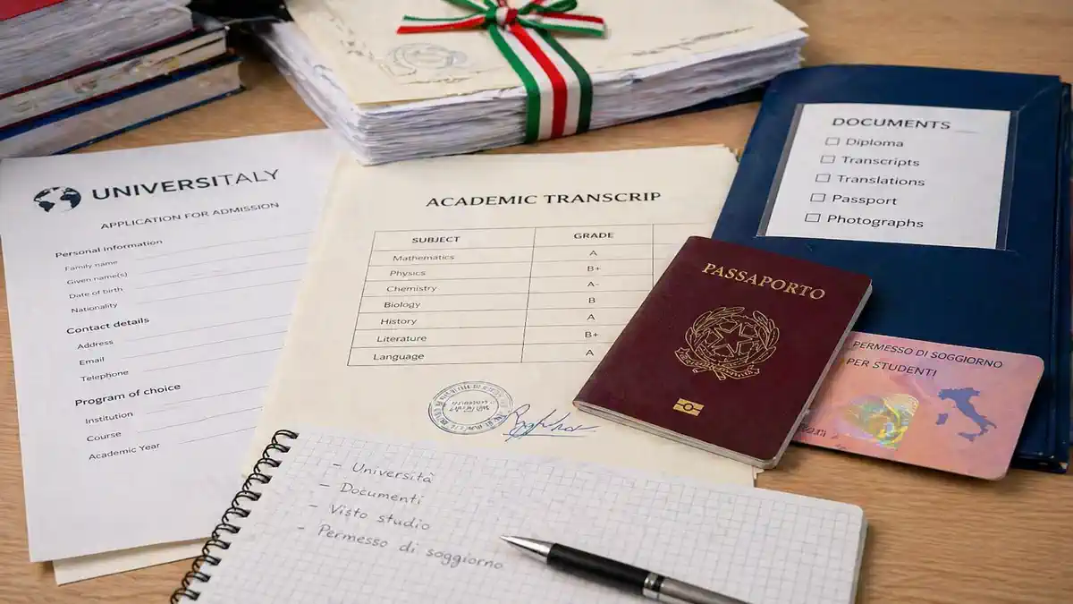 Документы для поступления в университет Италии на столе студента