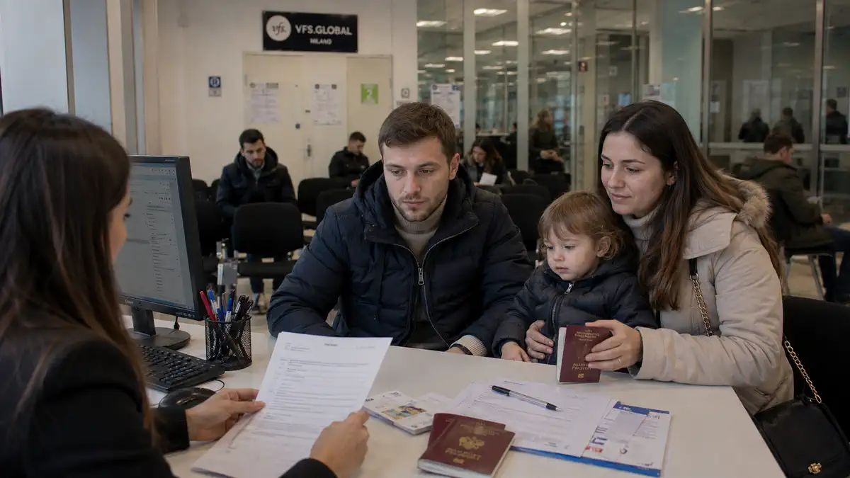 Семья с документами для визового маршрута в Италию в визовом центре