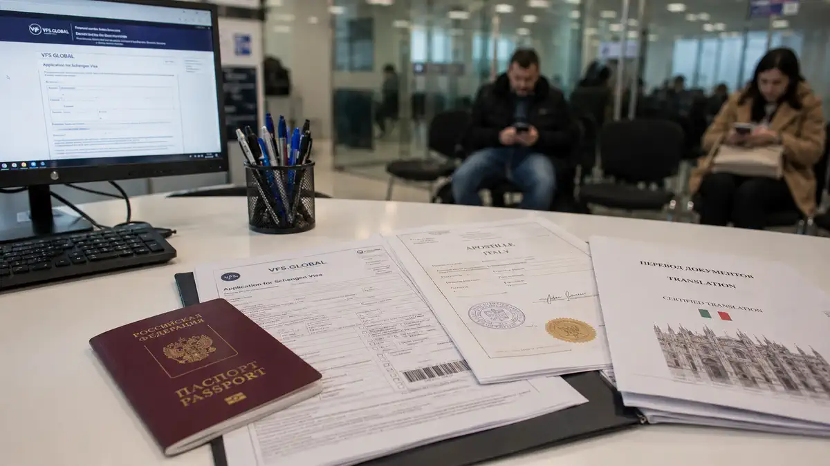 Документы для консульства Италии, паспорт и визовая анкета на столе