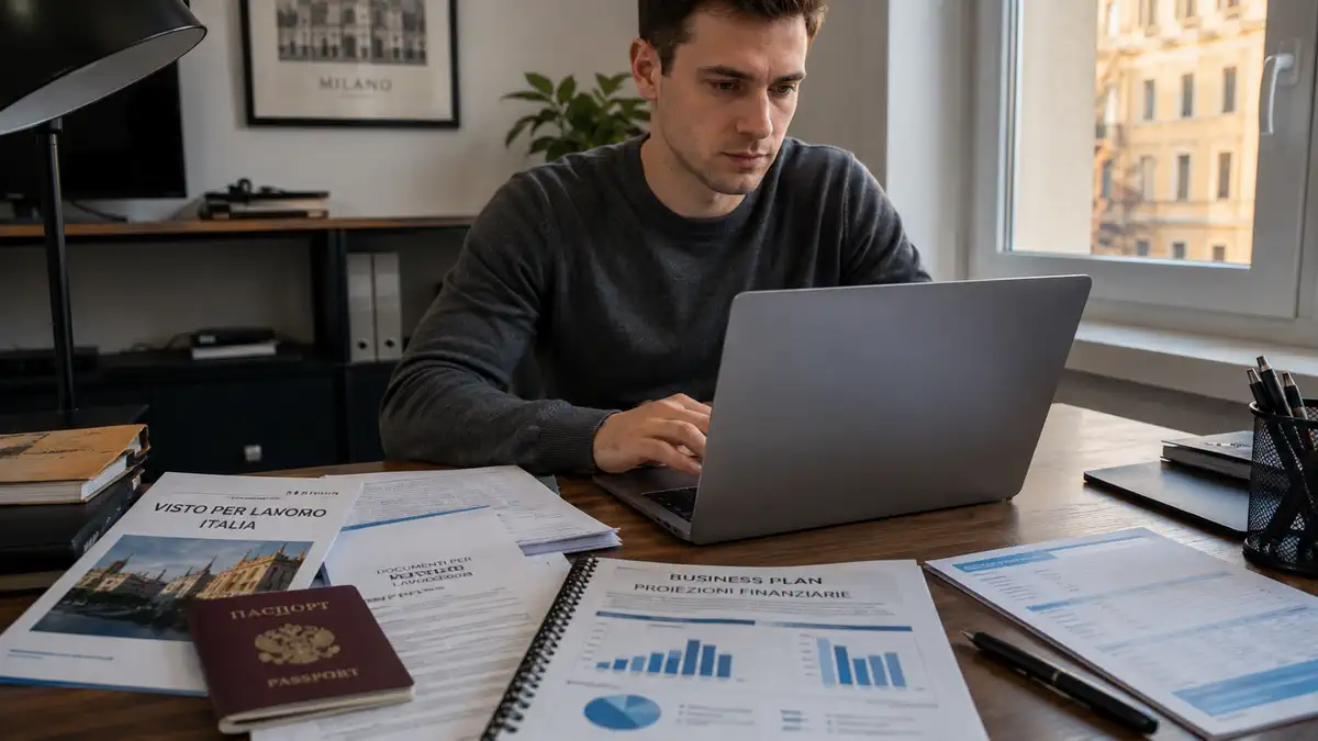 Бизнес-план для self-employment visa в Италии, ноутбук и документы на столе