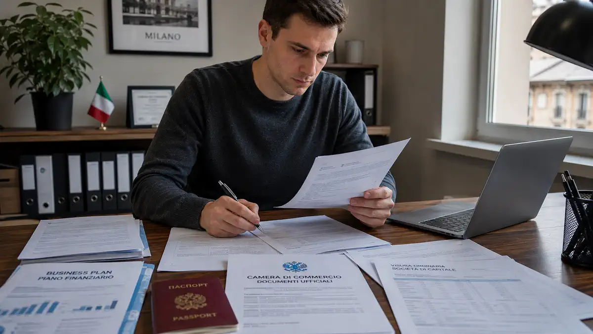 Chamber of Commerce для self-employment visa в Италии, документы бизнеса и паспорт на столе
