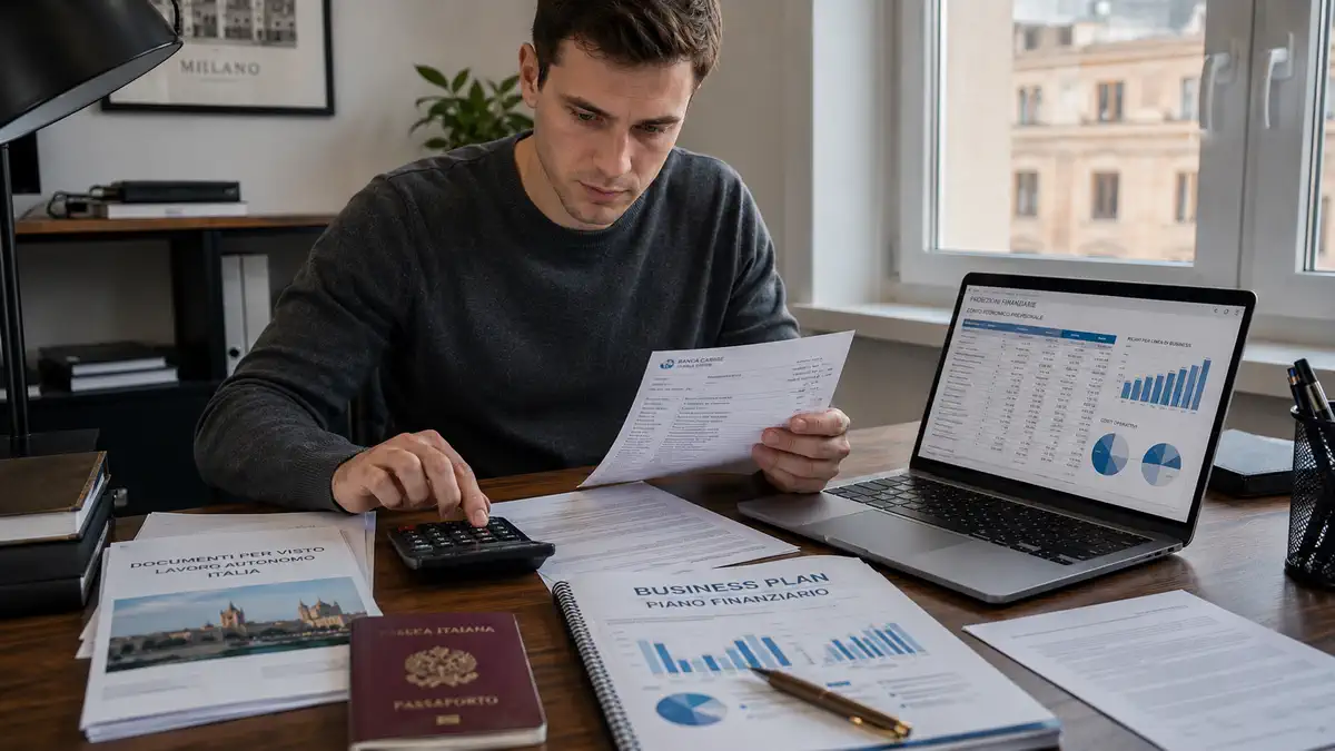 Финансовые требования для self-employment visa в Италии, выписка банка и бизнес-план на столе