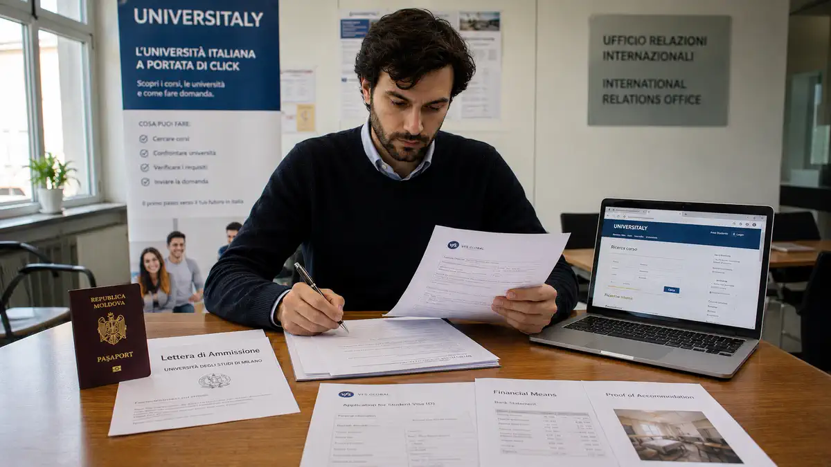 Студент готовит документы и Universitaly для подачи на визу в Италию
