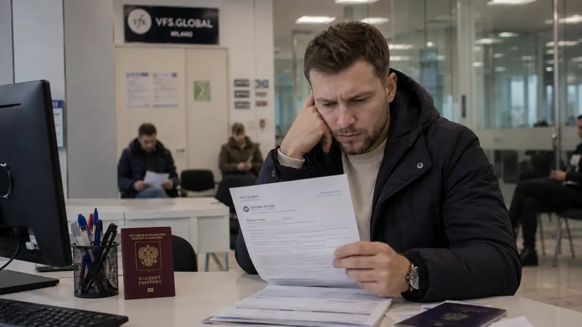 Отказ в визе в Италию, документы и письмо консульства на столе