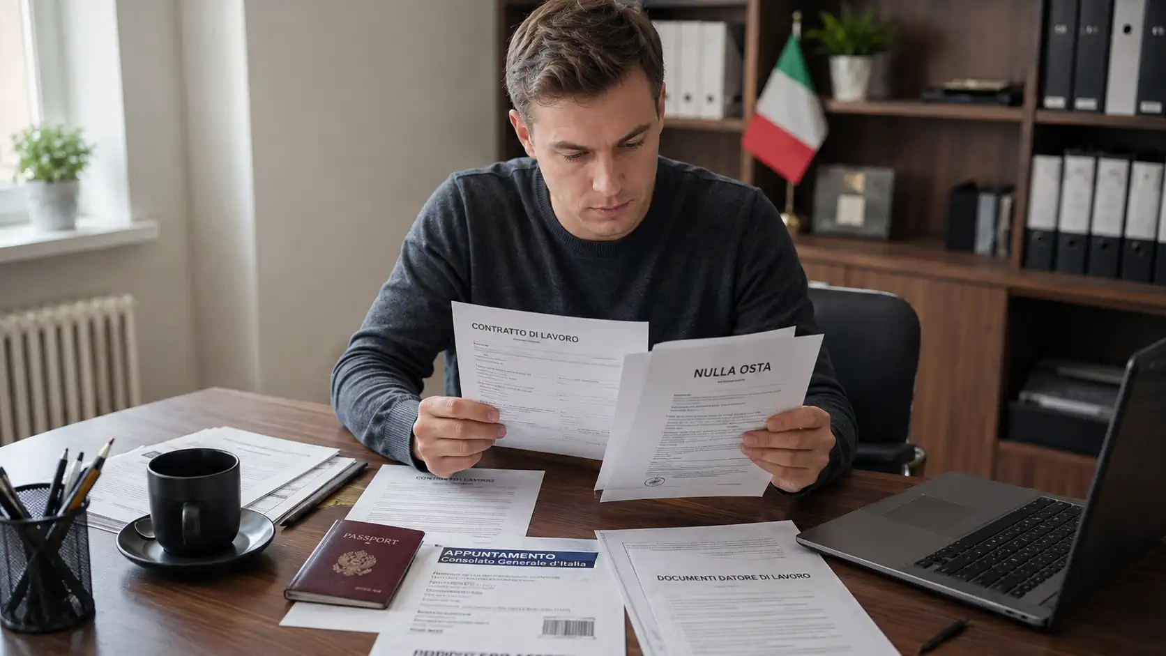 Документы для рабочей визы в Италию, контракт и паспорт на столе