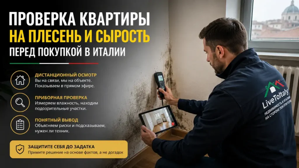 Предварительная проверка квартиры или дома на сырость, плесень, конденсат и признаки протечек перед покупкой в Италии. Возможен выезд, осмотр по видеосвязи, фиксация показаний и организация углублённого обследования.